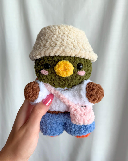 Handmade Crochet Mallard Duck Plushie in a Removable Bucket Hat Tee Shirt Jeans and Fanny Pack