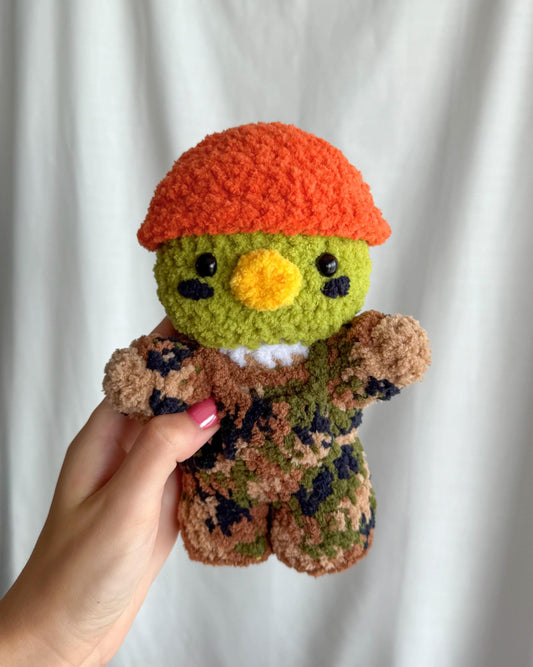 Handmade Crochet Mallard Duck Plushie in a Removable Camo Outfit and Orange Cap