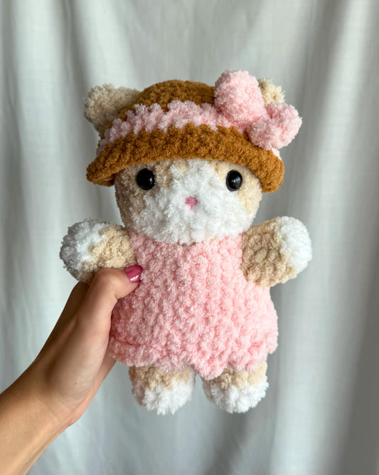 Handmade Crochet Cat Plushie in a Removable Pink Outfit