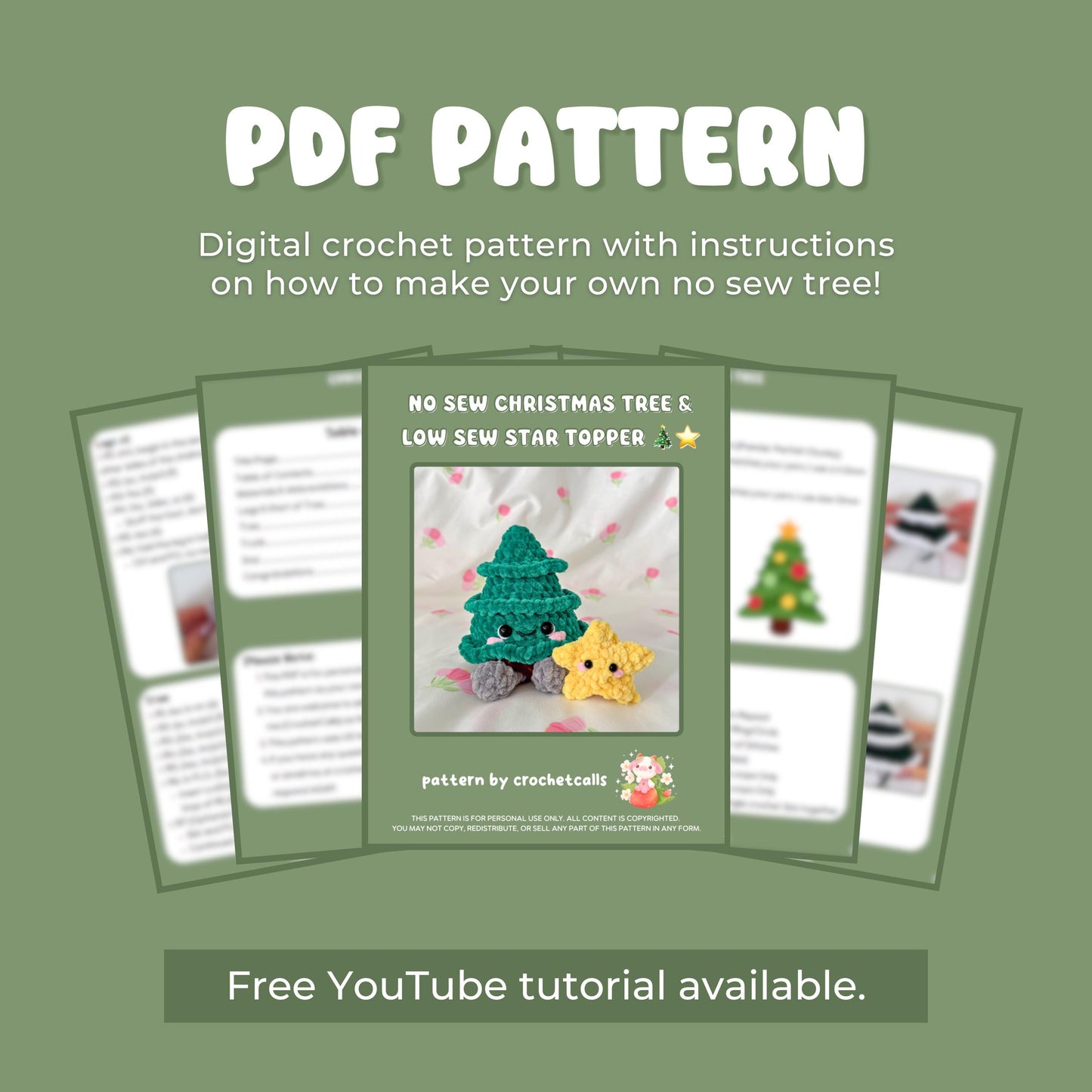 No Sew Christmas Tree Crochet Pattern | Low Sew Removable Star Topper | Amigurumi PDF Tutorial