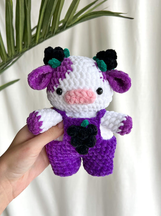 Handmade Crochet Blackberry Cow in Blackberry Overalls Plushie