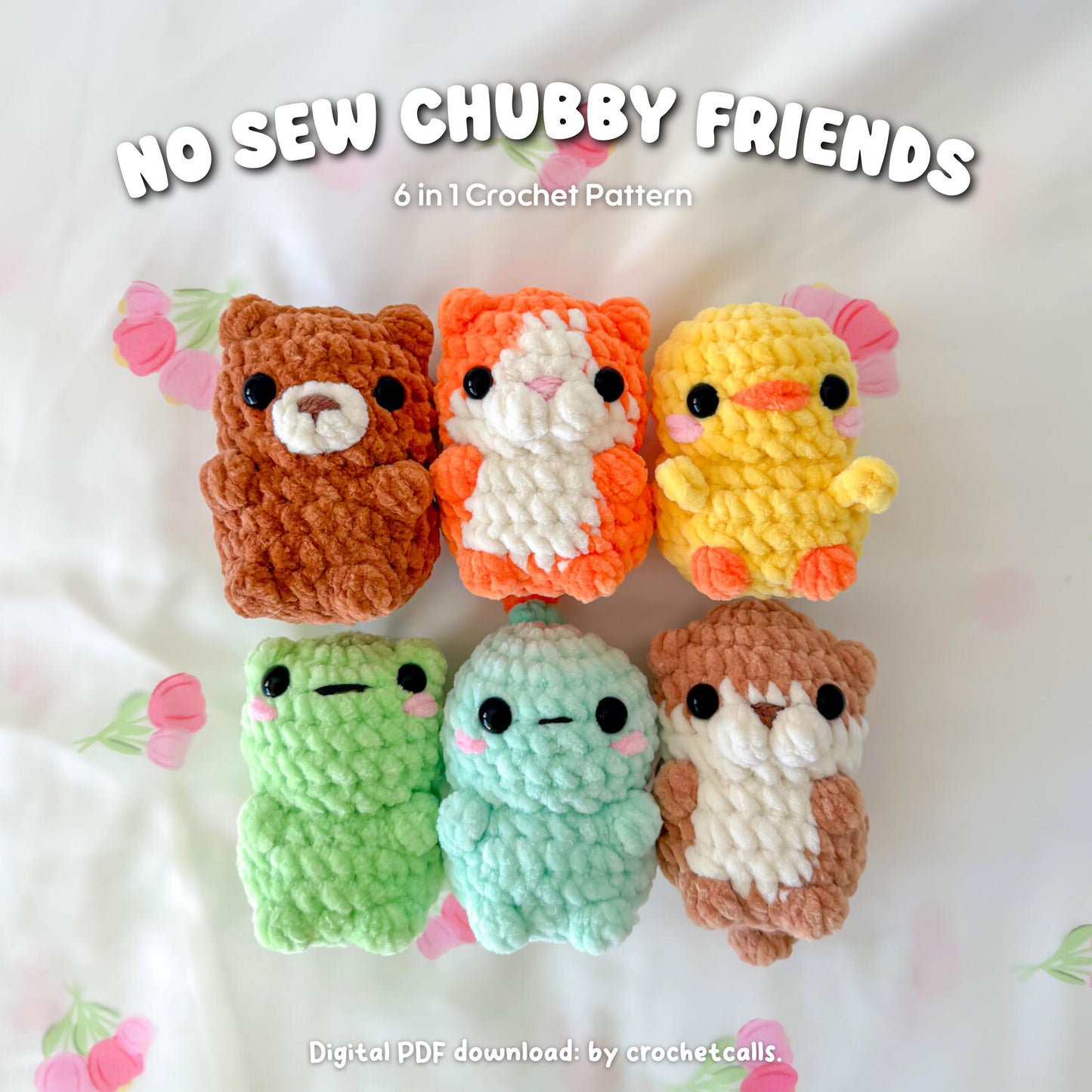 Chubby Friends Crochet Pattern | No Sew 6 in 1 Crochet Amigurumi PDF (Bear, Cat, Chick, Frog, Dino, Otter)
