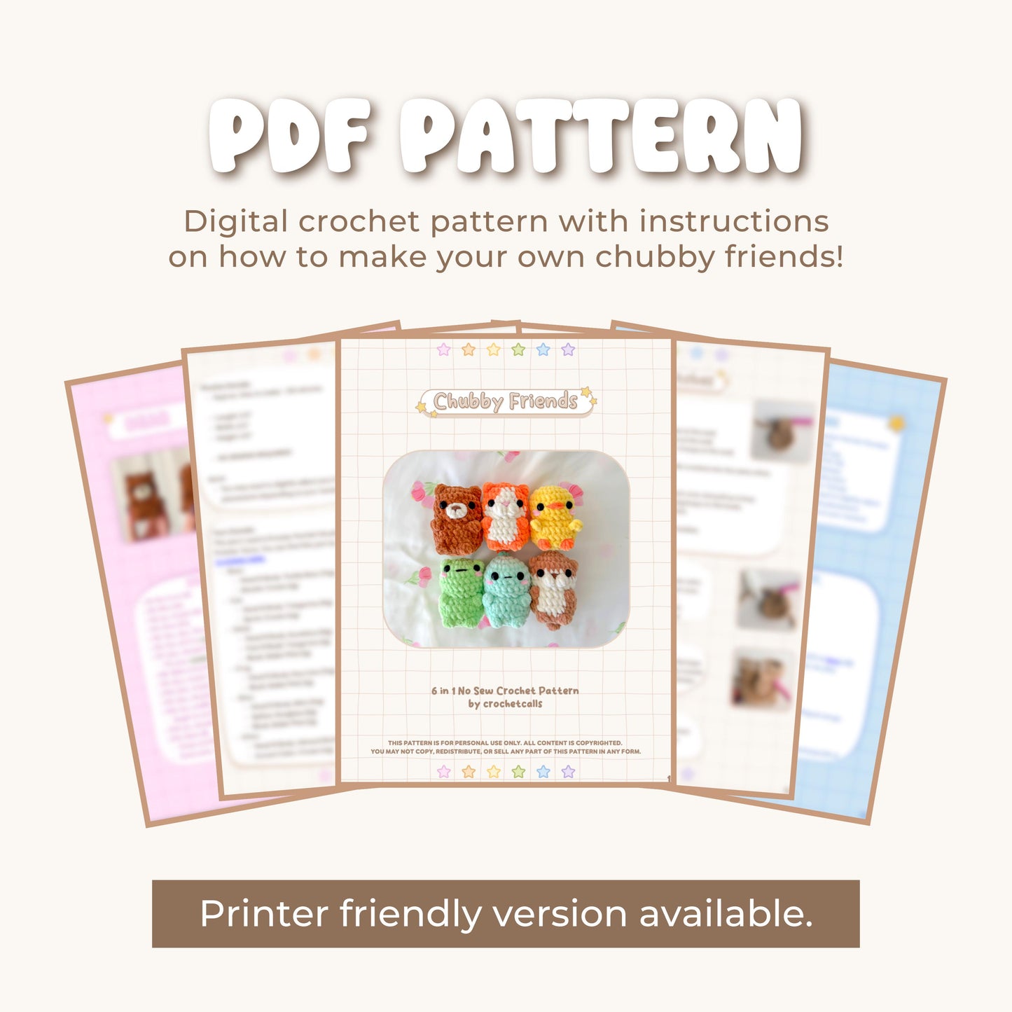 Chubby Friends Crochet Pattern | No Sew 6 in 1 Crochet Amigurumi PDF (Bear, Cat, Chick, Frog, Dino, Otter)