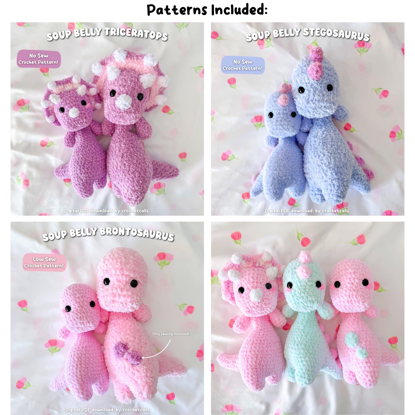 Soup Belly Dinosaurs Pattern | No Sew 3 in 1 Crochet Bundle Amigurumi PDF